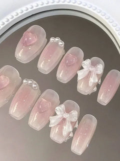 Cute Pink Sweet Princess Removable Handmade Wear Nail Art Y2K Vitality Girl Short Fake Nails Blush Bow Nail Patch