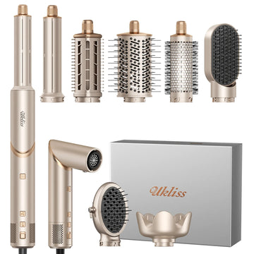 UKLISS 643 Champagne Color 8-in-1 Hot Air Styler Set, Detachable Multi Functional Hair Styling Tool, Hair Dryer, Curling Wand, Straightening Brush & Flat Iron All in One, Foldable Rotatable Auto Curler for Quick Drying, Smoot