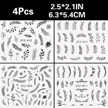 4pcs Nail Art Stickers Black Leaf Flowers Summer Nail Water Decals Sliders Set Wraps Tattoo Designs Decors Manicure
