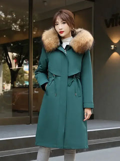 Women Cotton coat Winter Jacket Female thick warm Parkas hooded Outwear large sizeInner liner removable fur over knee Overcoat