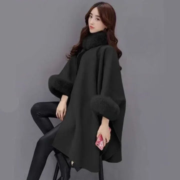 S-5XL Winter Warm Fashion Cloak Horn Buckle Woolen Poncho Capes Women Faux Rabbit Fur Dolman Sleeves Loose Long Cappa Coat
