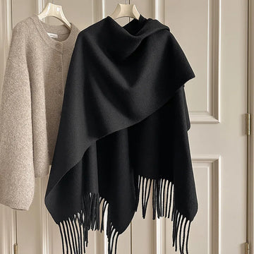 Women Split‑Open Woolen Tassel Poncho Shawl Thick Warm Cape Coat Autumn Winter Travel Photography Outer Wrap