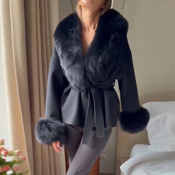 Fashion Solid Women's Coat Faux Fur Splice Waist Tie Long Sleeves Loose Jacket Chic 2026 Autumn Winter New Street Ladies Wear