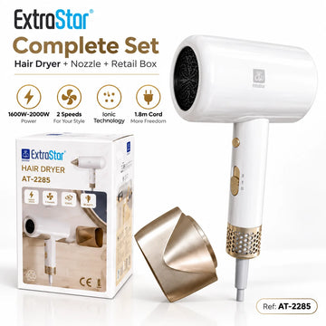 ExtraStar AT-2285 Ionic Hair Dryer 1600W-2000W 220-240V 2 Speed Hair Blower with Concentrator Nozzle 1.8m Cord