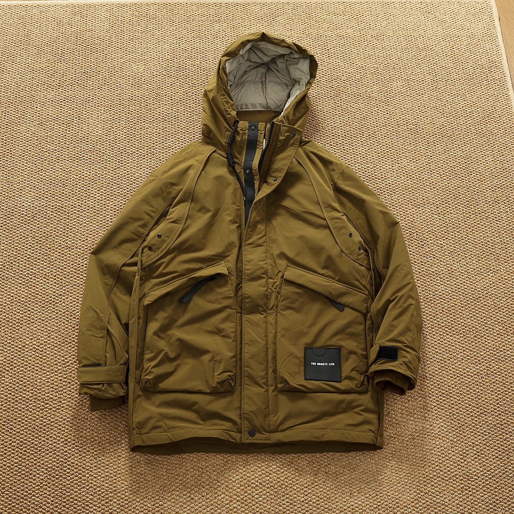 Piumino cargo imbottito in piuma d'anatra di media lunghezza retrò americano nuovo inverno con cappuccio Trench oversize spesso alla moda da uomo