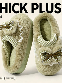 Kawaii Winter Warm Cotton Slippers Women Plaid Bowknot Lace Ruffle Plush Thick Platform Non-Slip Indoor Casual Shoes