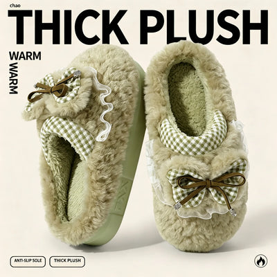 Kawaii Winter Warm Cotton Slippers Women Plaid Bowknot Lace Ruffle Plush Thick Platform Non-Slip Indoor Casual Shoes