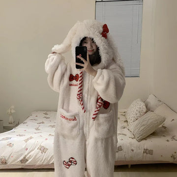 Thick Winter Pajamas Cute Coral Fleece Hooded Pajamas Y2K Kawaii Rabbit Anime Women's Pajamas Cartoon Warm Home Clothesnew Model