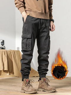2024 New Winter Cargo Pants Men Multi-Pockets Drawstring Fleece Liner Thick Warm Overalls Joggers Casual Cotton Thermal Trousers
