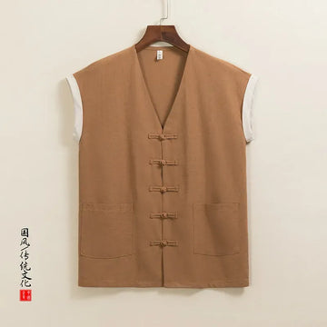 Canotte da Uomo in Cotone Stile Cinese Senza Maniche, Gilet Casual Vintage con Scollo a V, Traspiranti Estivi, Vestibilità Ampia