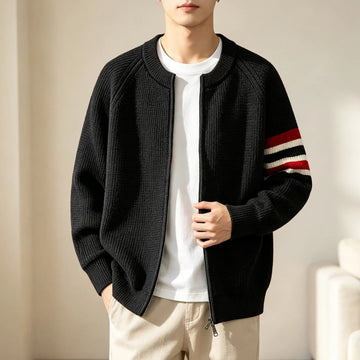 Men's Fashion Zip Up Knit Cardigan Jacket Long Sleeve Striped Arm Sweater Coat Casual Loose Stand Collar Outerwear Autumn Winter