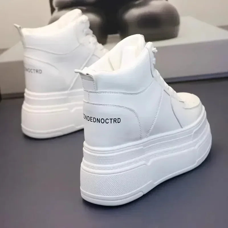10CM 12CM 14CM High Top Leather Women Autumn Spring Platform Wedge Women Fashion Sneakers Chunky Shoes Vulcanize Skateboard - PlatiNum