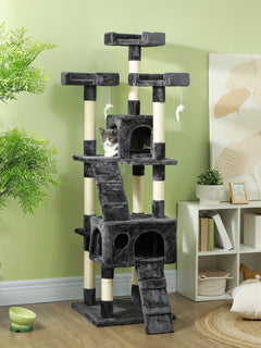 PawHut Albero Tiragraffi per Gatti con 3 Posatoi, 2 Casette e Giochi Appesi, Torre per Gatti in Truciolato e Peluche, 49x49x173 cm, Grigio