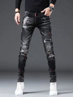 New Arrival Spring Autumn Denim Jeans for Men Slim Distressed Ripped Pants Paint Splatter Design Streetwear Luxury Slim Jeans