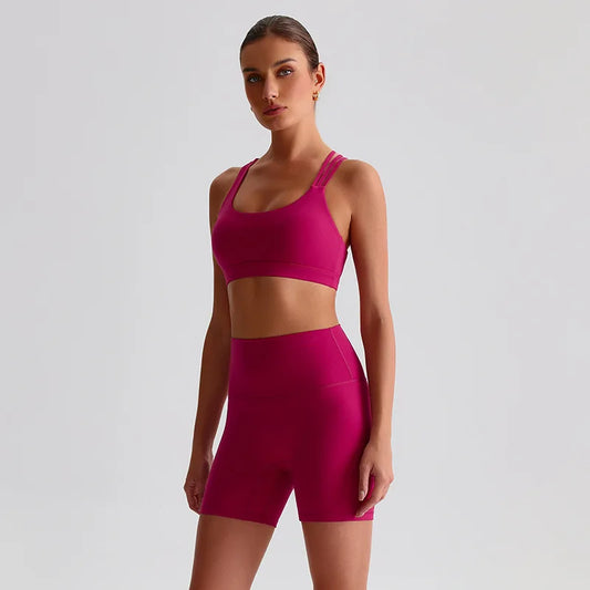 Solid Color Gym Yoga Set Short Legging Cross Back Shoulder Strap Sport Bra Tracksuit Women Suit Comprehensive Training Athletic