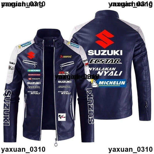 Men's PU high-end light luxury SUZUKI logo leather jacket autumn and winter stand collar motorcycle racing suit color4