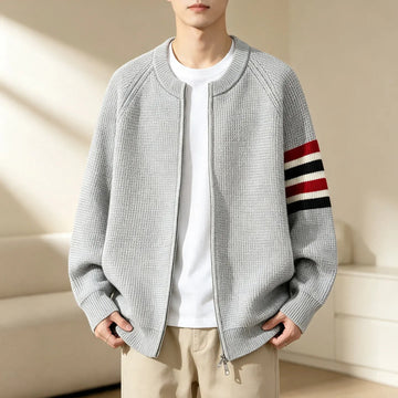 Men Zip‑Up Knit Cardigan Striped Sleeve Stand Collar Sweater Jacket Loose Casual Outerwear