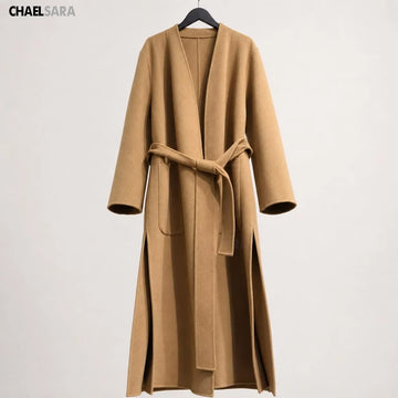 High Quality Women's Autumn Winter New Double-Sided 100% Wool Coat Fashion Belt Long Sleeves Pockets Elegance Overcoats Ladies