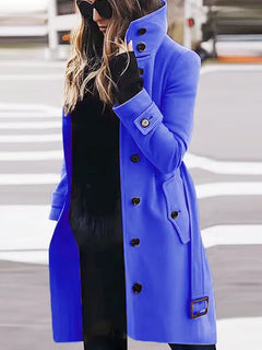 New Solid Color Button Long Wool Coat Autumn Warm Stand Collar Women Coat Fashion Ladies High Neck Pocket Belt Trench Coat
