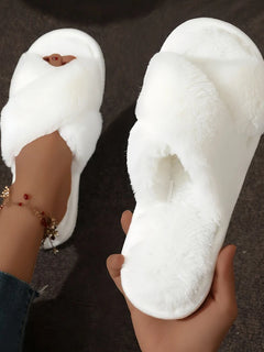 Cross Warm Fluffy Furry Slippers Women Lightweight Flat Heels Fur Slides Woman Autumn Winter Open Toe Non Slip Home Floor Shoes
