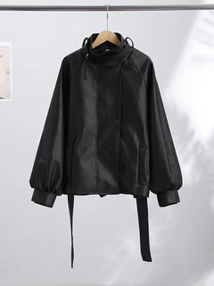 Casual Leather Jackets Women High Neck Long Sleeves Single Breasted Belts Loose Pu Coats Female 2026 Autumn New Chic Outwears