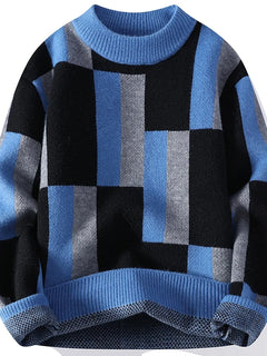 Autumn Winter Men's Mock Neck Knit Sweater Fashion Plaid Knitted Pullovers Men Youthful Vitality Casual Loose Warm Y2K Sweaters