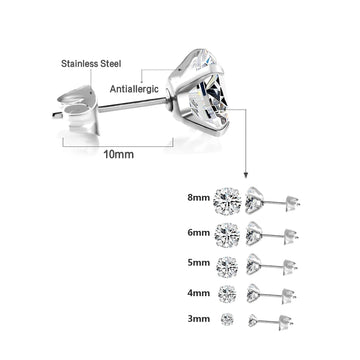 LUXUSTEEL 2Pcs Men's Crystal Zircon Studs Earrings For Women 316L Stainless Steel Cartilage Piercing Ear Anti Allergic 3-8mm PlatiNum