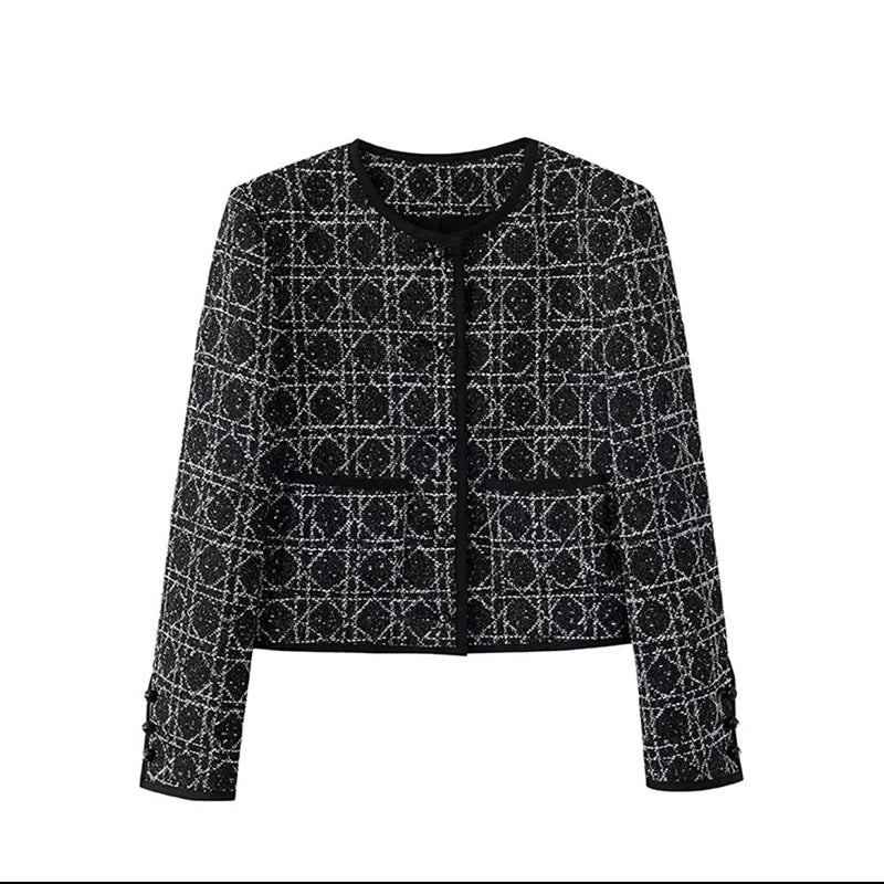 2025 new style fashionable European old money style tweed jacket slimming round neck rhombus top