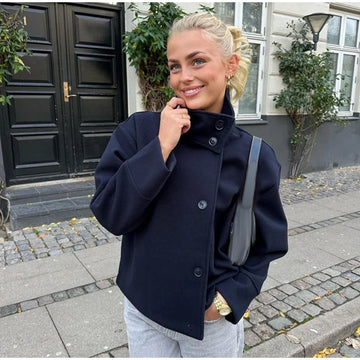 Elegant Women's Belt Short Woolen Coats Loose Stand Collar Single-breasted Long Sleeve Jacket 2026 Autumn Lady Commute Outwear
