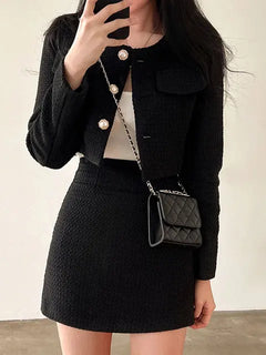 Women Tweed 2 Two Piece Sets Long Sleeve Pearl Buttons Short Jacket and A-line Mini Skirt Set Fall Winter Women Outfits