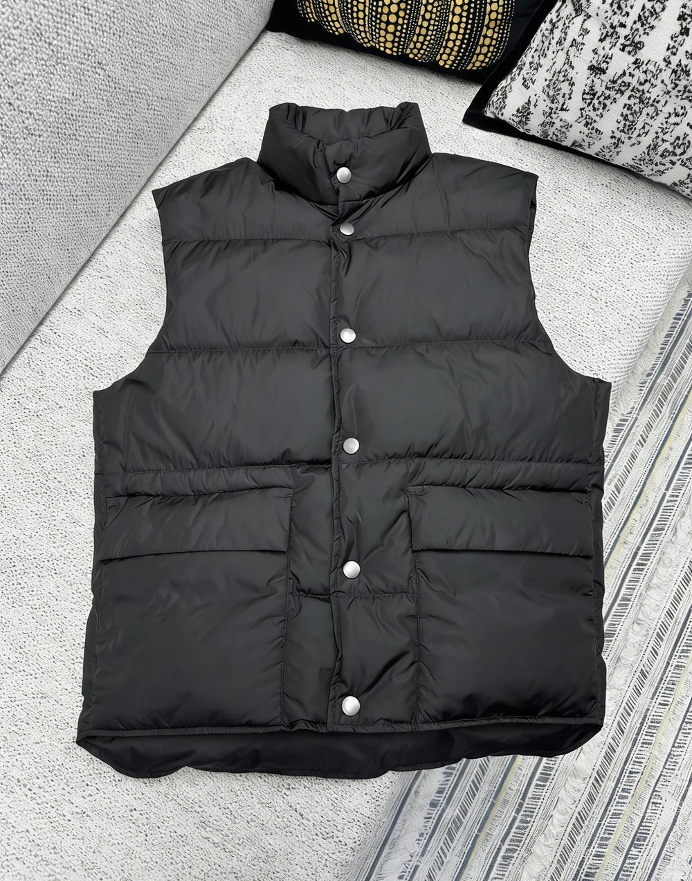 Men's Black Puffer Vest Stand Collar Snap Button Warm Winter Sleeveless Down Gilet