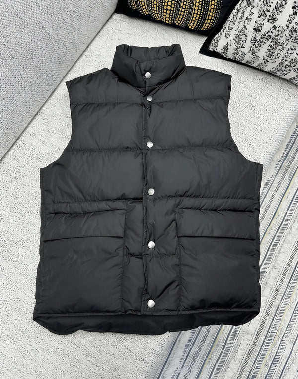 Men's Black Puffer Vest Stand Collar Snap Button Warm Winter Sleeveless Down Gilet