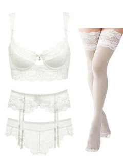 Varsbaby Sexy Floral Lace Underwire Push Up Lingerie Set 4pcs/lots Bra+panties+garter+stockings Lingeries Sexy Hot Costume Woman