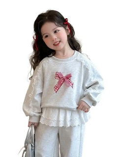 New Girls Two-Piece Set Cute Bow Sweatshirt Lace Trim Fashion Outfit Elegant Clothing for Kids Toddlers Baby Daily Wear Party