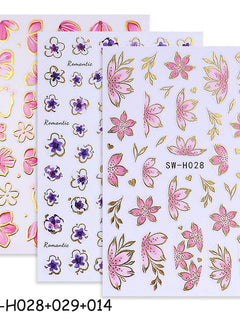 2/3pcs Golden Pink Hibiscus Flower Nail Stickers 3D Bronzing Border Petals Sakura Line Sliders Nail Decals DIY Manicure Decor