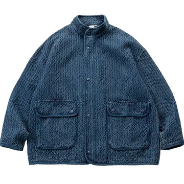 Japanese Spring Autumn Style Men's Washed and Worn Imitating Kendo Fabric Standing Collar Blue Jacket Women's Coat