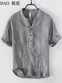 T-shirt con colletto della camicia traspirante casual in lino di cotone a maniche corte da uomo di fascia alta allentata primavera ed estate in stile cinese
