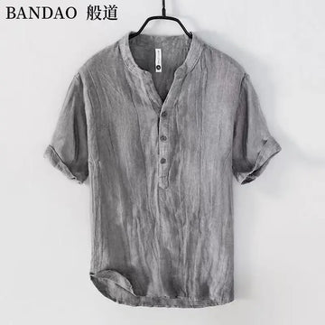 T-shirt con colletto della camicia traspirante casual in lino di cotone a maniche corte da uomo di fascia alta allentata primavera ed estate in stile cinese
