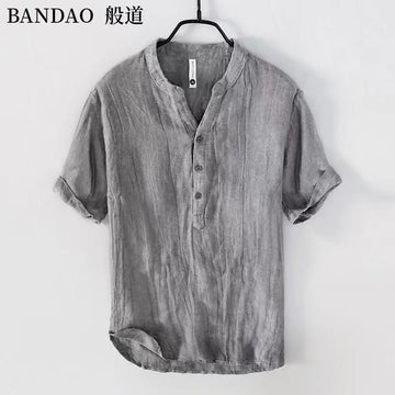 T-shirt con colletto della camicia traspirante casual in lino di cotone a maniche corte da uomo di fascia alta allentata primavera ed estate in stile cinese