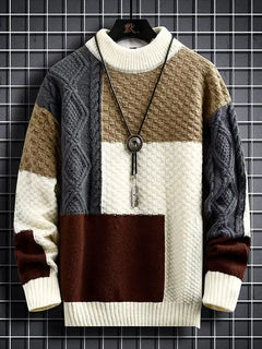 Fashion Mens Warm Knitted Sweaters Patchwork O Neck Knit Pullovers Autumn Winter Korean Streetwear Pullover Casual Mens Clothing