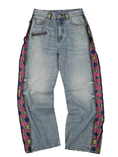 Jeans JoJo Anime con Pannelli Staccabili, Vita Alta, Gamba Larga, Stampa Denim, Viola e Oro, Patchwork, Taglio Dritto, per Uomo e Donna