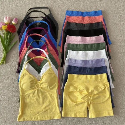 2 Pieces Impact Sports Set Women Backless Tank Yoga Tops High Waist Scrunch Seamless Shorts Sport Gym Set Sportswear Workout Set