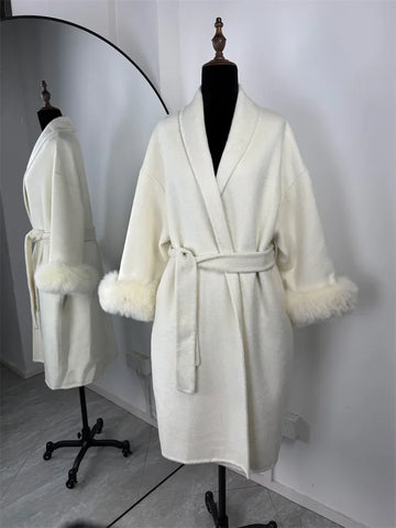 Elegant Lace Up Woolen Short Coat Solid Loose Lapel Furry Long Sleeve Belt Waist Jacket 2026 Spring Autumn Lady Chic Cardigan