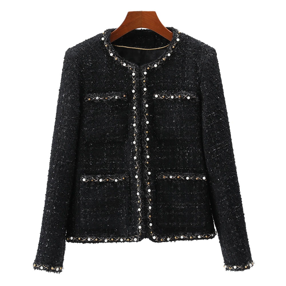 2025 new fashion round neck elegant light luxury celebrity high-end heavy industry beading temperament design tweed jacket