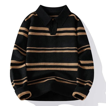 Autumn Winter Men's Striped Polo Collar Knitted Sweater Youthful Vitality Long Sleeve Turn Down Collar Casual Knit Pullovers Men