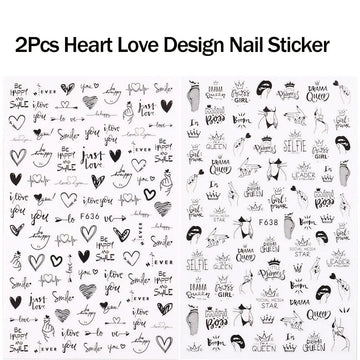 2pcs Heart Love Design 3D Nail Art Stickers English Letter Cool Girl Face Sliders Valentine Day Manicure