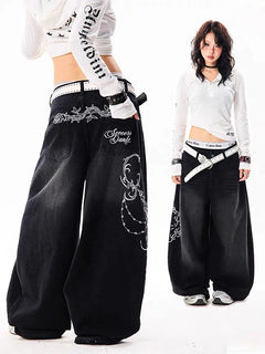 YIBASHU Donna Vintage Ricamo Y2K Jeans larghi Donna Vita alta 2000s Pantaloni in denim a gamba larga Pantaloni Harajuku retrò americani