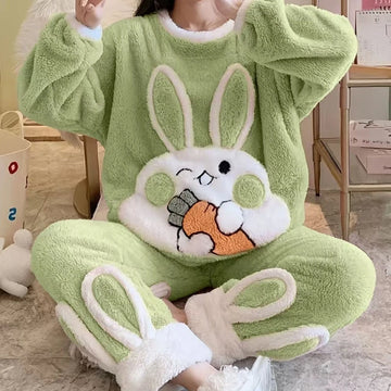 Autumn Sweet Princess Pajamas Set Women Cute Bunny Coral Fleece Warm Sleepwear Home Clothes Girls Kawaii Cartoon Pijama 2 Piece