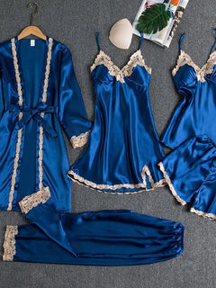 2025 Set pigiama in raso di lusso 5 pezzi Indumenti da notte setosi da donna Abito in pizzo Camicia