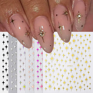 6pcs 3D Metallic Gold Star Nail Stickers Relief Star & Letter Pentagram Y2K Mirror Nail Art Decal Adhesive Nail Tips Decoration